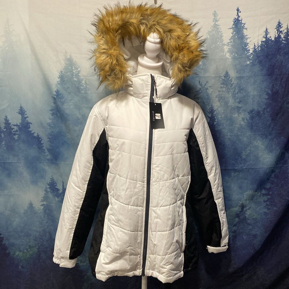 Pursky Women's Waterproof Ski Jacket Winter Puffer Snow Coat Fur Hooded Raincoat